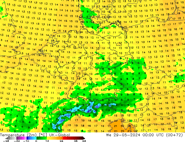 Temperaturkarte (2m) UK-Global Mi 29.05.2024 00 UTC