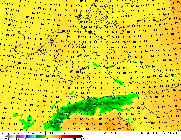 mapa temperatury (2m) UK-Global śro. 29.05.2024 06 UTC