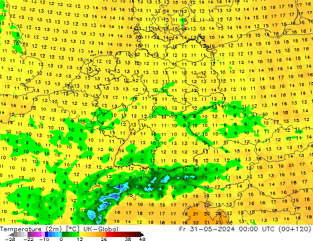 Temperature (2m) UK-Global Pá 31.05.2024 00 UTC