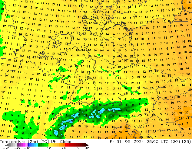 Temperature (2m) UK-Global Fr 31.05.2024 06 UTC