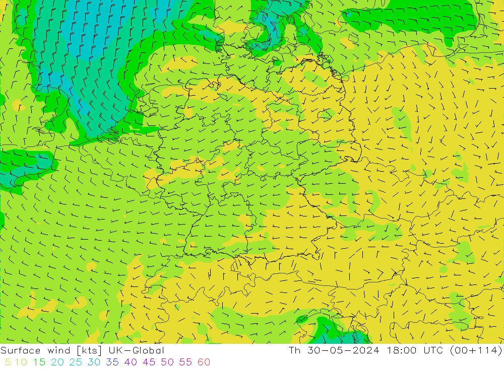 Surface wind UK-Global Th 30.05.2024 18 UTC