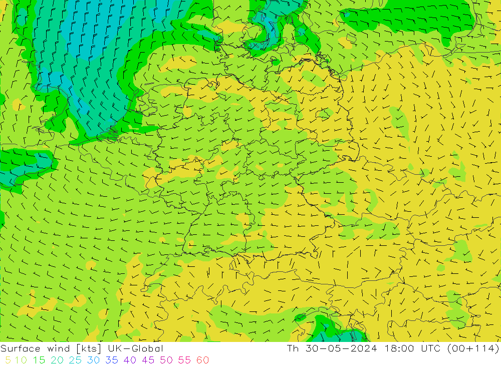 Vent 10 m UK-Global jeu 30.05.2024 18 UTC