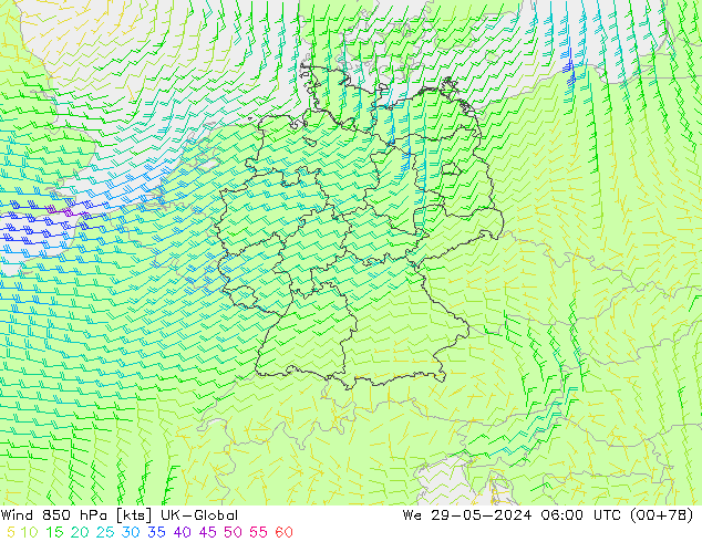 Vento 850 hPa UK-Global Qua 29.05.2024 06 UTC