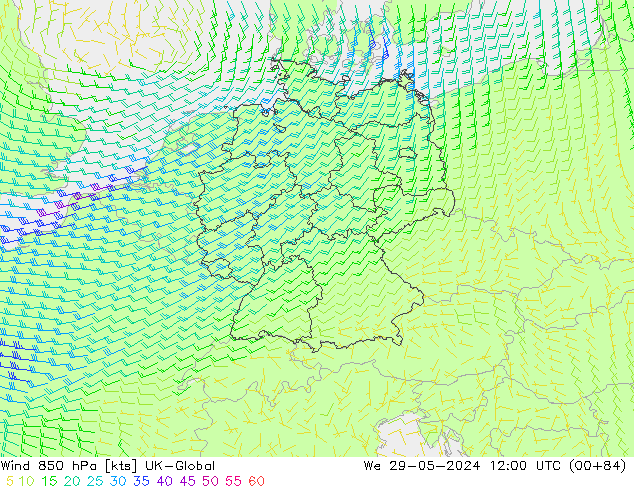 Vent 850 hPa UK-Global mer 29.05.2024 12 UTC