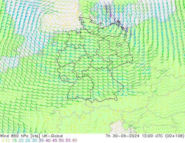 Vento 850 hPa UK-Global Qui 30.05.2024 12 UTC