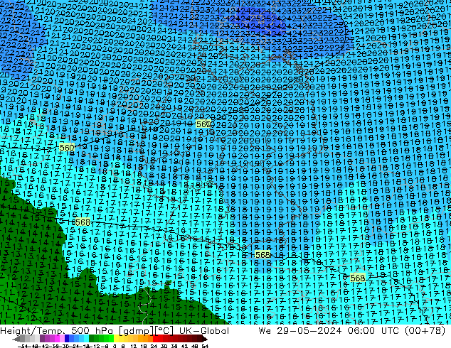 Height/Temp. 500 hPa UK-Global  29.05.2024 06 UTC