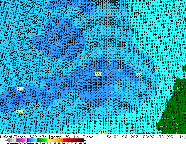 Yükseklik/Sıc. 500 hPa UK-Global Cts 01.06.2024 00 UTC