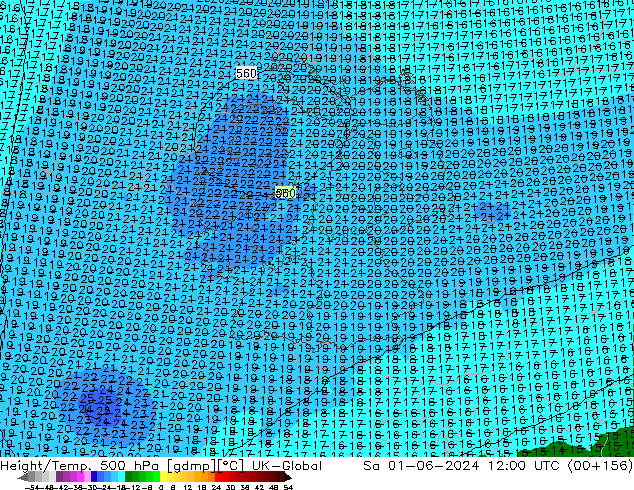 Height/Temp. 500 hPa UK-Global Sáb 01.06.2024 12 UTC