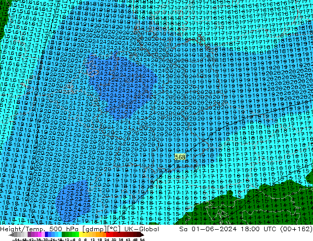 Height/Temp. 500 hPa UK-Global sab 01.06.2024 18 UTC