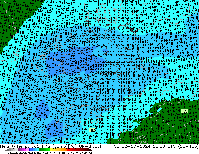 Height/Temp. 500 hPa UK-Global Su 02.06.2024 00 UTC