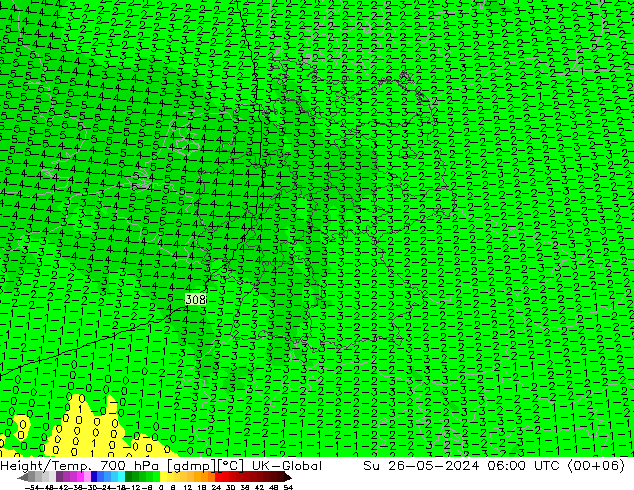Hoogte/Temp. 700 hPa UK-Global zo 26.05.2024 06 UTC