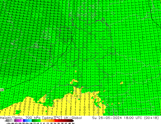 Height/Temp. 700 hPa UK-Global dom 26.05.2024 18 UTC