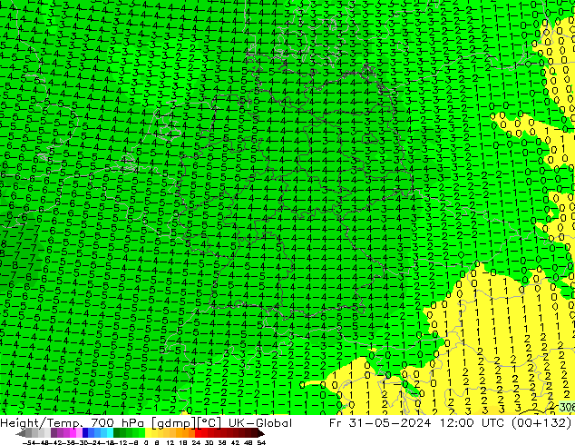 Hoogte/Temp. 700 hPa UK-Global vr 31.05.2024 12 UTC