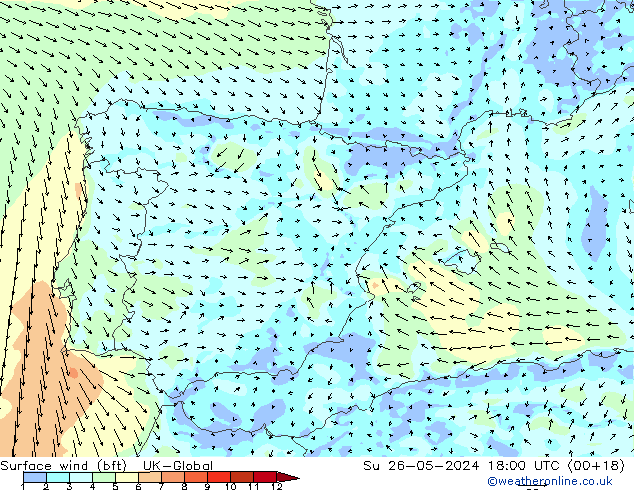 Surface wind (bft) UK-Global Su 26.05.2024 18 UTC