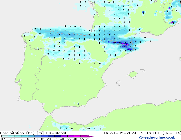 Precipitation (6h) UK-Global Th 30.05.2024 18 UTC