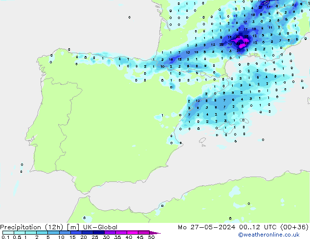 Precipitation (12h) UK-Global Po 27.05.2024 12 UTC