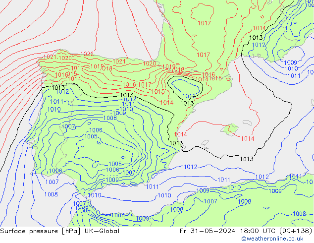 Luchtdruk (Grond) UK-Global vr 31.05.2024 18 UTC