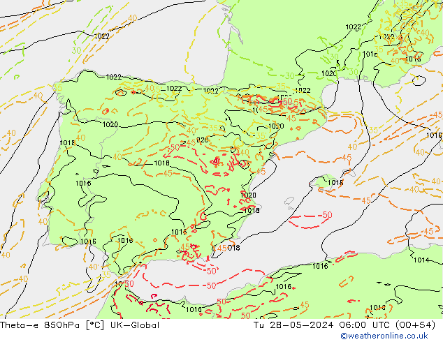 Theta-e 850hPa UK-Global  28.05.2024 06 UTC