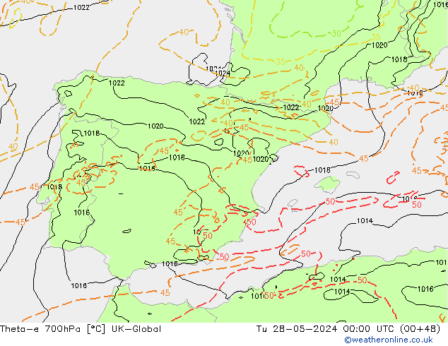 Theta-e 700hPa UK-Global Tu 28.05.2024 00 UTC