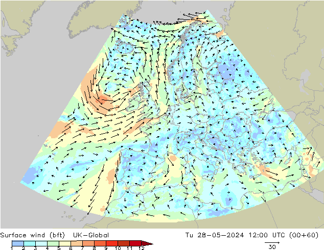 Surface wind (bft) UK-Global Tu 28.05.2024 12 UTC