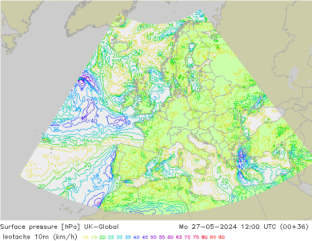 Isotachen (km/h) UK-Global Mo 27.05.2024 12 UTC