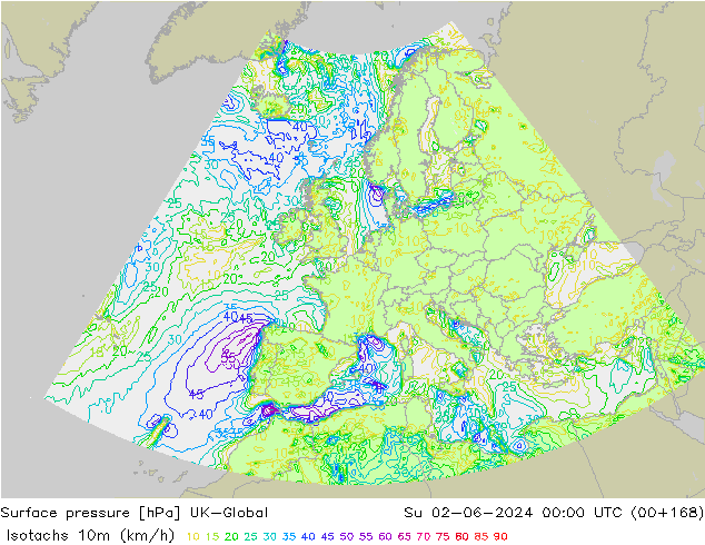 Isotachs (kph) UK-Global Su 02.06.2024 00 UTC