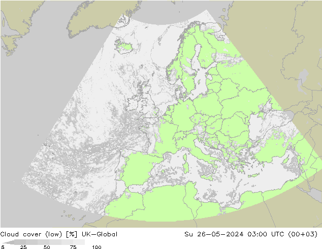 Cloud cover (low) UK-Global Su 26.05.2024 03 UTC