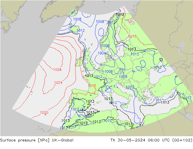 Surface pressure UK-Global Th 30.05.2024 06 UTC