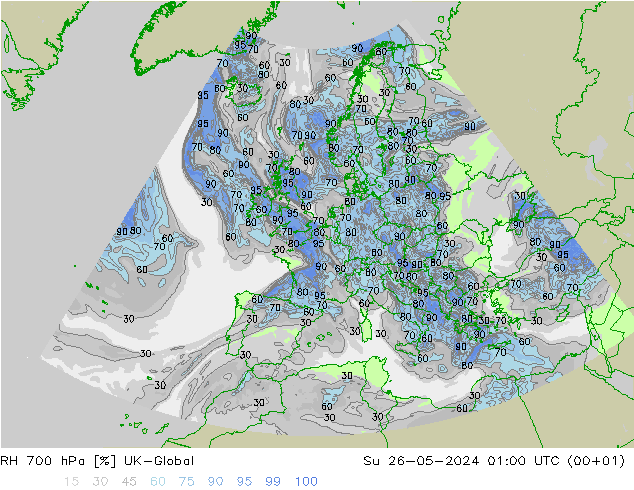 Humidité rel. 700 hPa UK-Global dim 26.05.2024 01 UTC