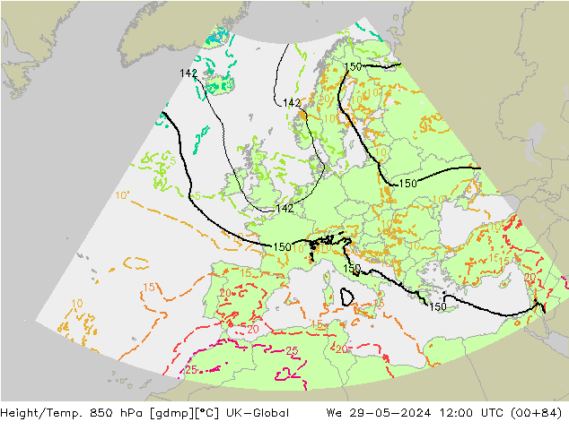 Height/Temp. 850 hPa UK-Global Mi 29.05.2024 12 UTC