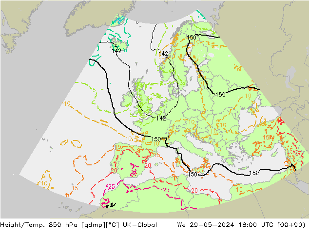 Géop./Temp. 850 hPa UK-Global mer 29.05.2024 18 UTC