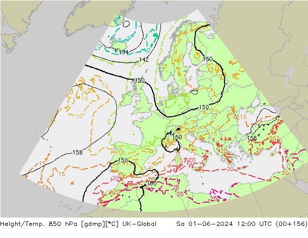 Hoogte/Temp. 850 hPa UK-Global za 01.06.2024 12 UTC