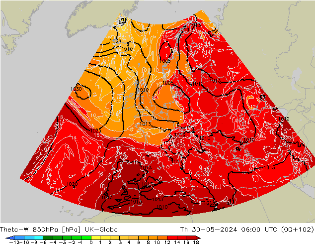 Theta-W 850hPa UK-Global Do 30.05.2024 06 UTC