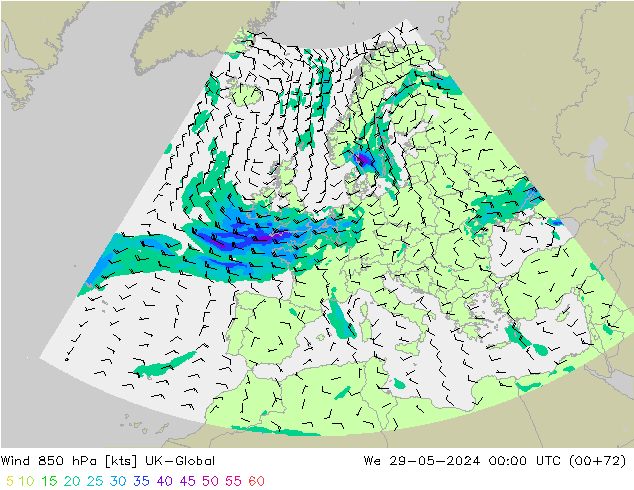 Wind 850 hPa UK-Global Mi 29.05.2024 00 UTC