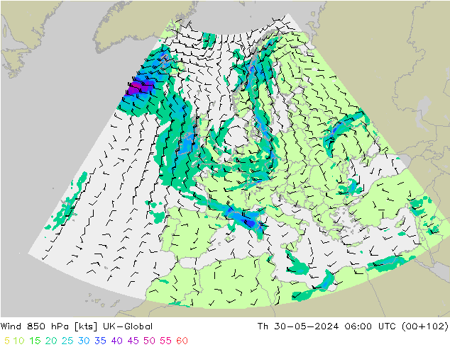 Vent 850 hPa UK-Global jeu 30.05.2024 06 UTC