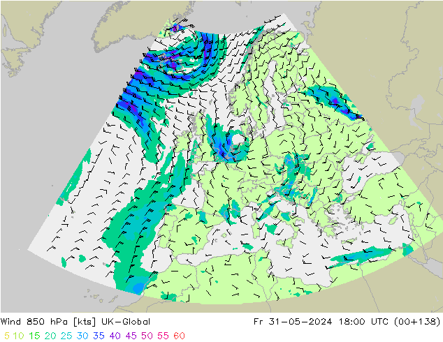 Wind 850 hPa UK-Global Fr 31.05.2024 18 UTC