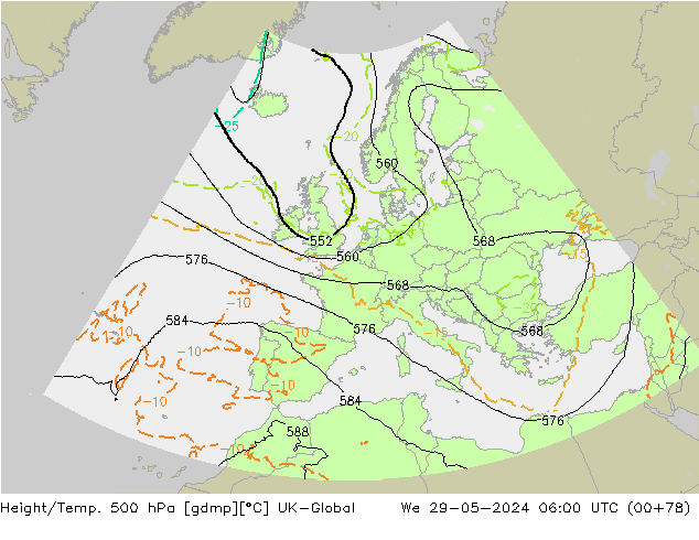 Height/Temp. 500 hPa UK-Global mer 29.05.2024 06 UTC