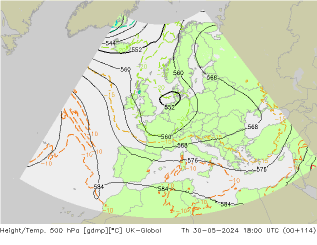 Height/Temp. 500 hPa UK-Global Th 30.05.2024 18 UTC