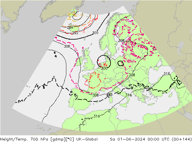 Height/Temp. 700 hPa UK-Global Sáb 01.06.2024 00 UTC