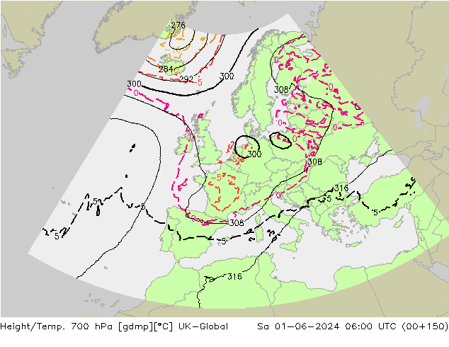 Height/Temp. 700 hPa UK-Global so. 01.06.2024 06 UTC