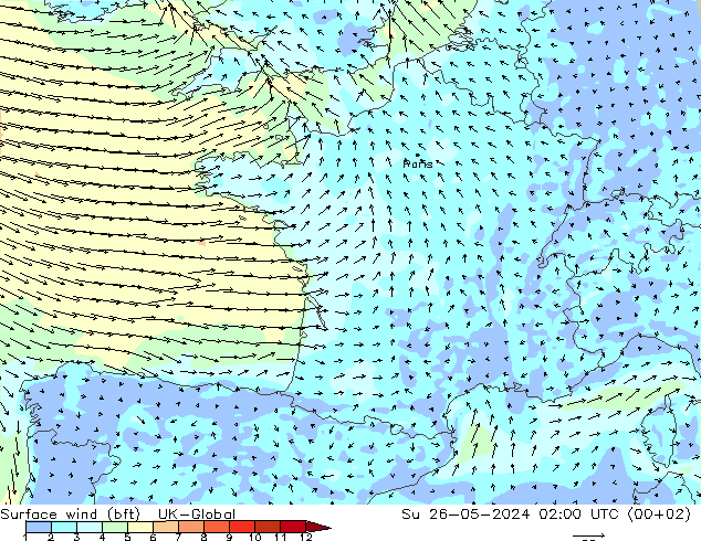 Vento 10 m (bft) UK-Global dom 26.05.2024 02 UTC