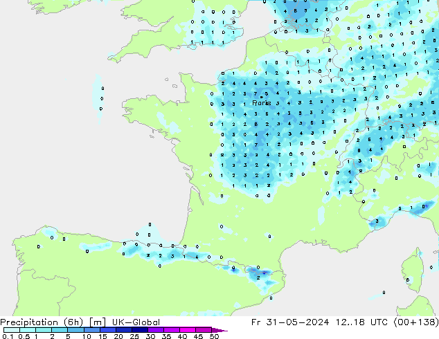 Precipitation (6h) UK-Global Fr 31.05.2024 18 UTC