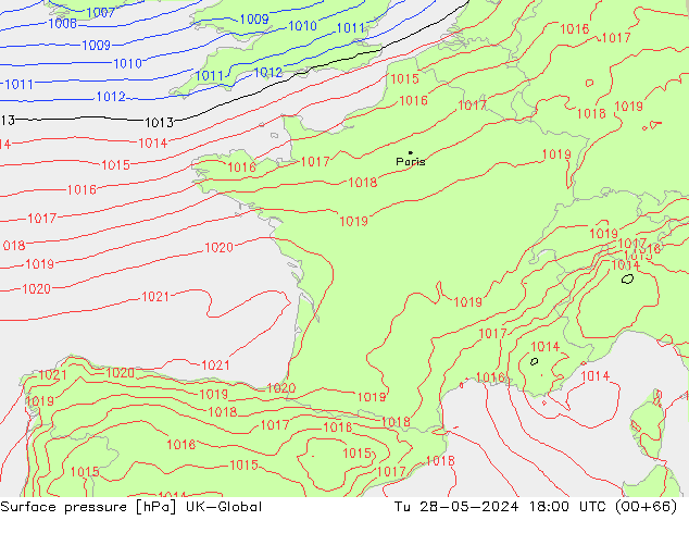 Surface pressure UK-Global Tu 28.05.2024 18 UTC