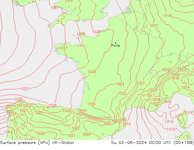 Pressione al suolo UK-Global dom 02.06.2024 00 UTC