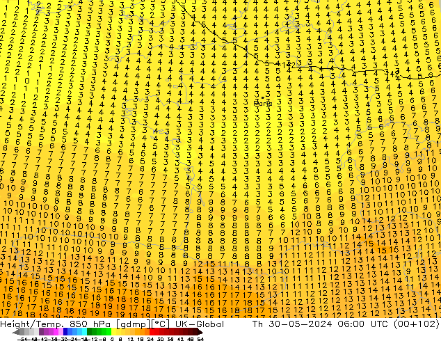 Géop./Temp. 850 hPa UK-Global jeu 30.05.2024 06 UTC