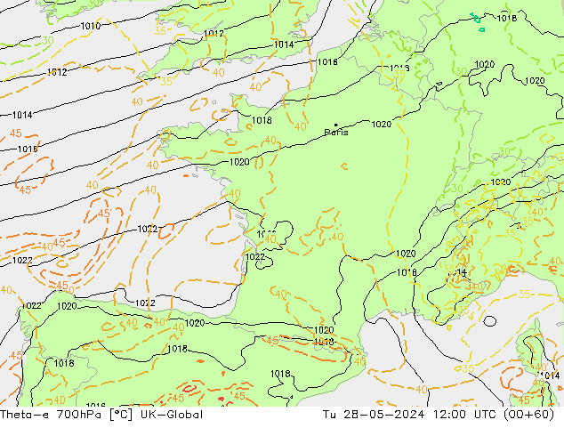 Theta-e 700hPa UK-Global mar 28.05.2024 12 UTC