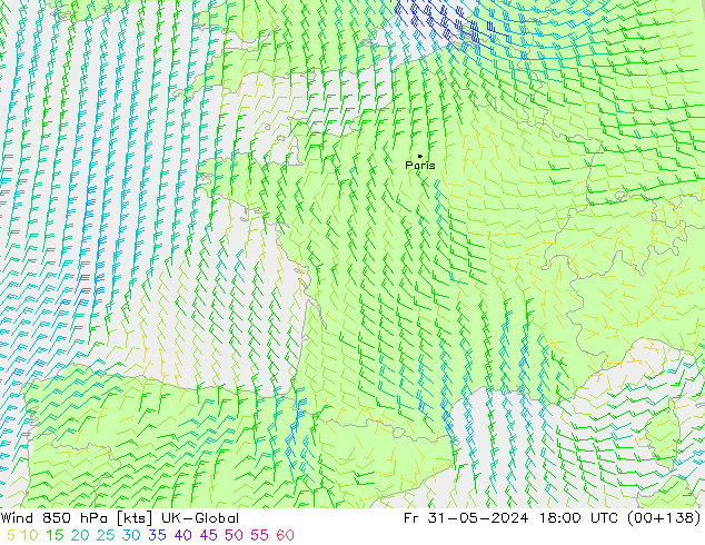 Wind 850 hPa UK-Global Fr 31.05.2024 18 UTC