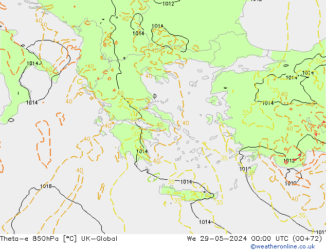 Theta-e 850hPa UK-Global We 29.05.2024 00 UTC