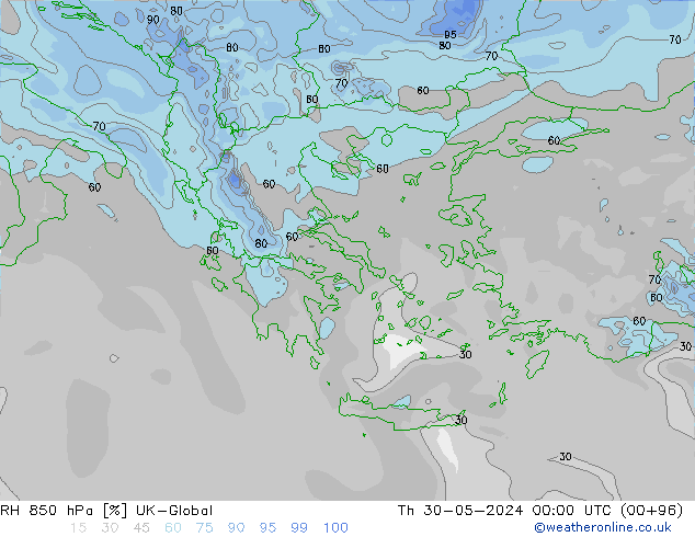 RH 850 hPa UK-Global  30.05.2024 00 UTC