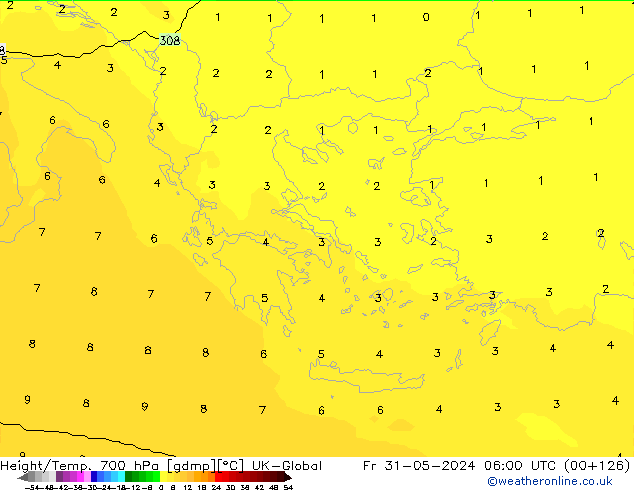 Height/Temp. 700 hPa UK-Global Fr 31.05.2024 06 UTC